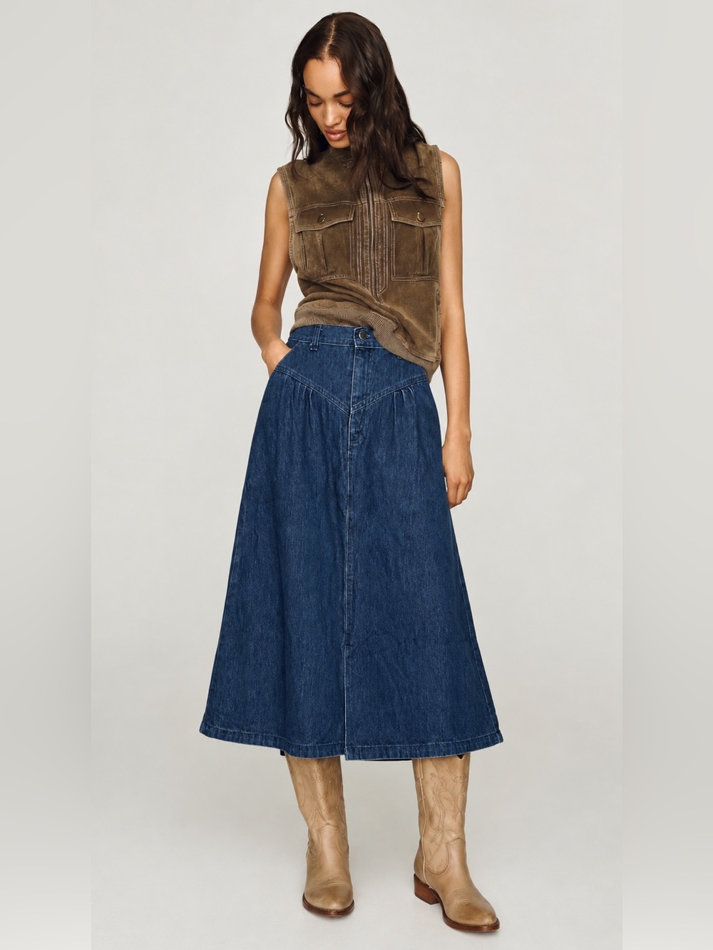 Vintage A-Line Full Denim Jean Skirt Slits L